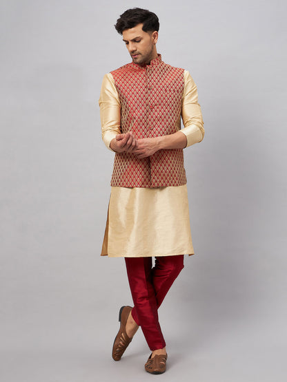 VASTRAMAY Men's Maroon Silk Blend Ethnic Jacket With Gold Kurta and Maroon Pant Style Pyjama Set