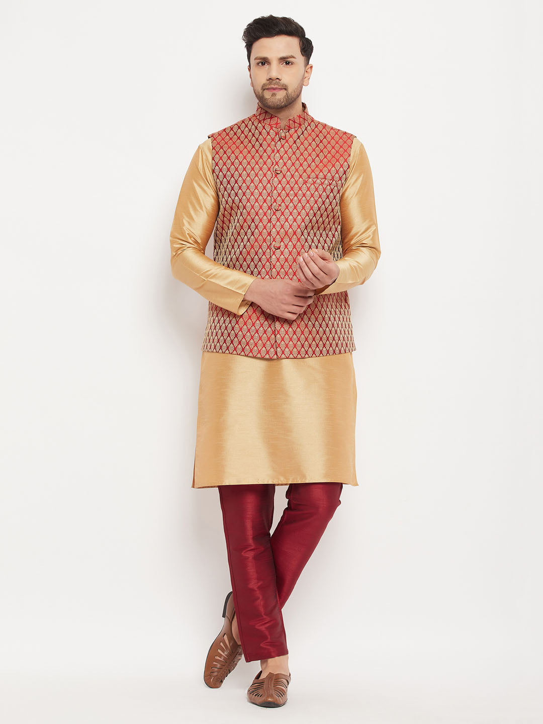 VASTRAMAY Men's Maroon Silk Blend Ethnic Jacket, Rose Gold Kurta and Maroon Pant Syle Pyjama Set