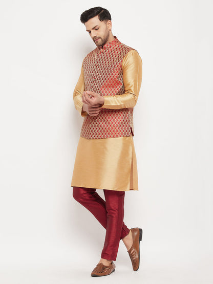 VASTRAMAY Men's Maroon Silk Blend Ethnic Jacket, Rose Gold Kurta and Maroon Pant Syle Pyjama Set