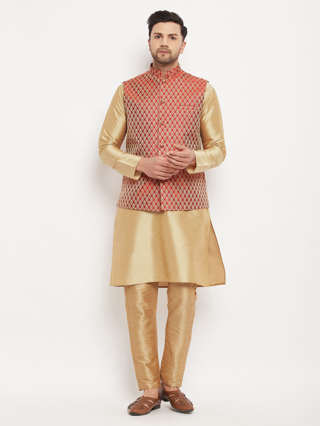 VASTRAMAY Men's Rose Gold Silk Blend Kurta And Pant Style Pyjama With Maroon Woven Nehru Jacket