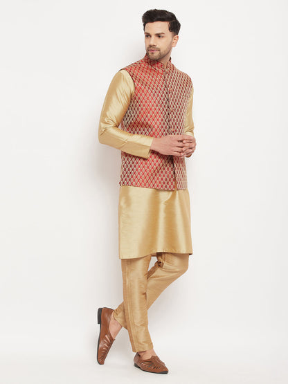 VASTRAMAY Men's Rose Gold Silk Blend Kurta And Pant Style Pyjama With Maroon Woven Nehru Jacket