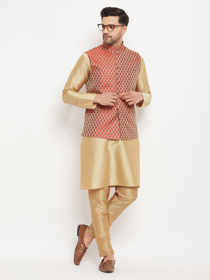 VASTRAMAY Men's Rose Gold Silk Blend Kurta And Pant Style Pyjama With Maroon Woven Nehru Jacket