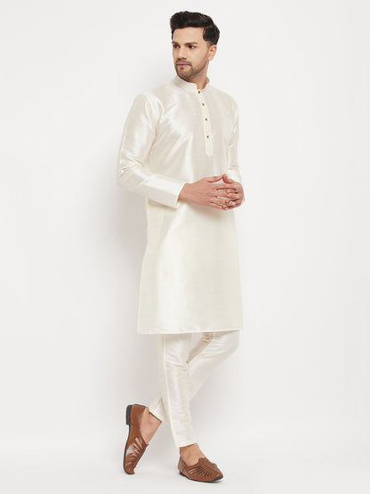 VASTRAMAY Men's Cream Cotton Silk Blend Kurta and Pant Style Pyjama Set