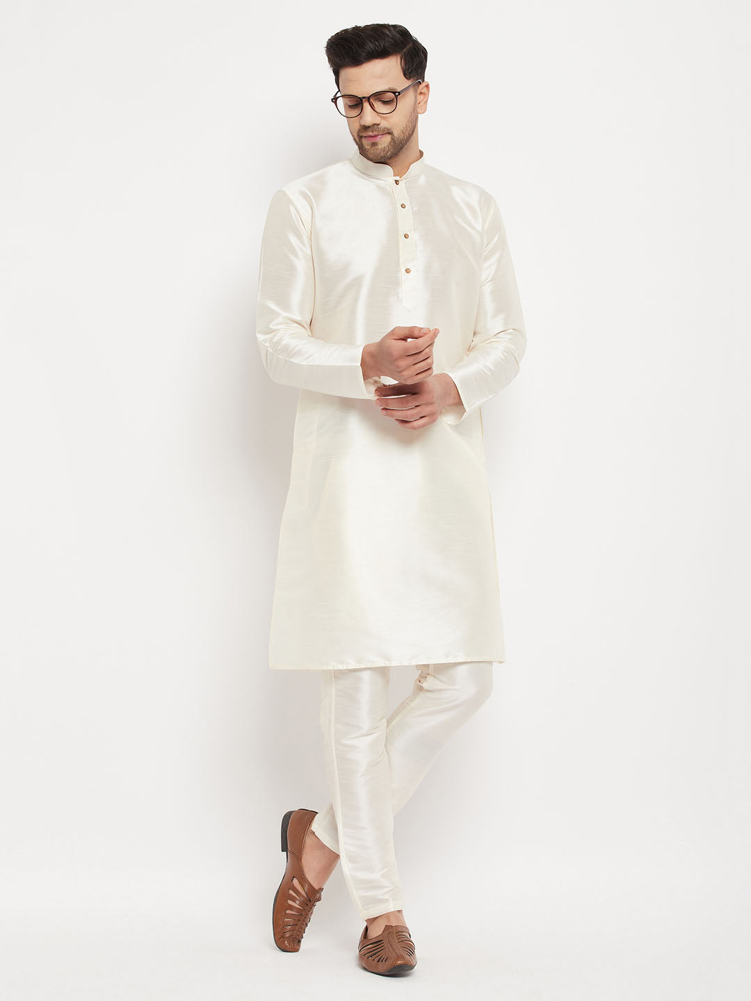 VASTRAMAY Men's Cream Cotton Silk Blend Kurta and Pant Style Pyjama Set