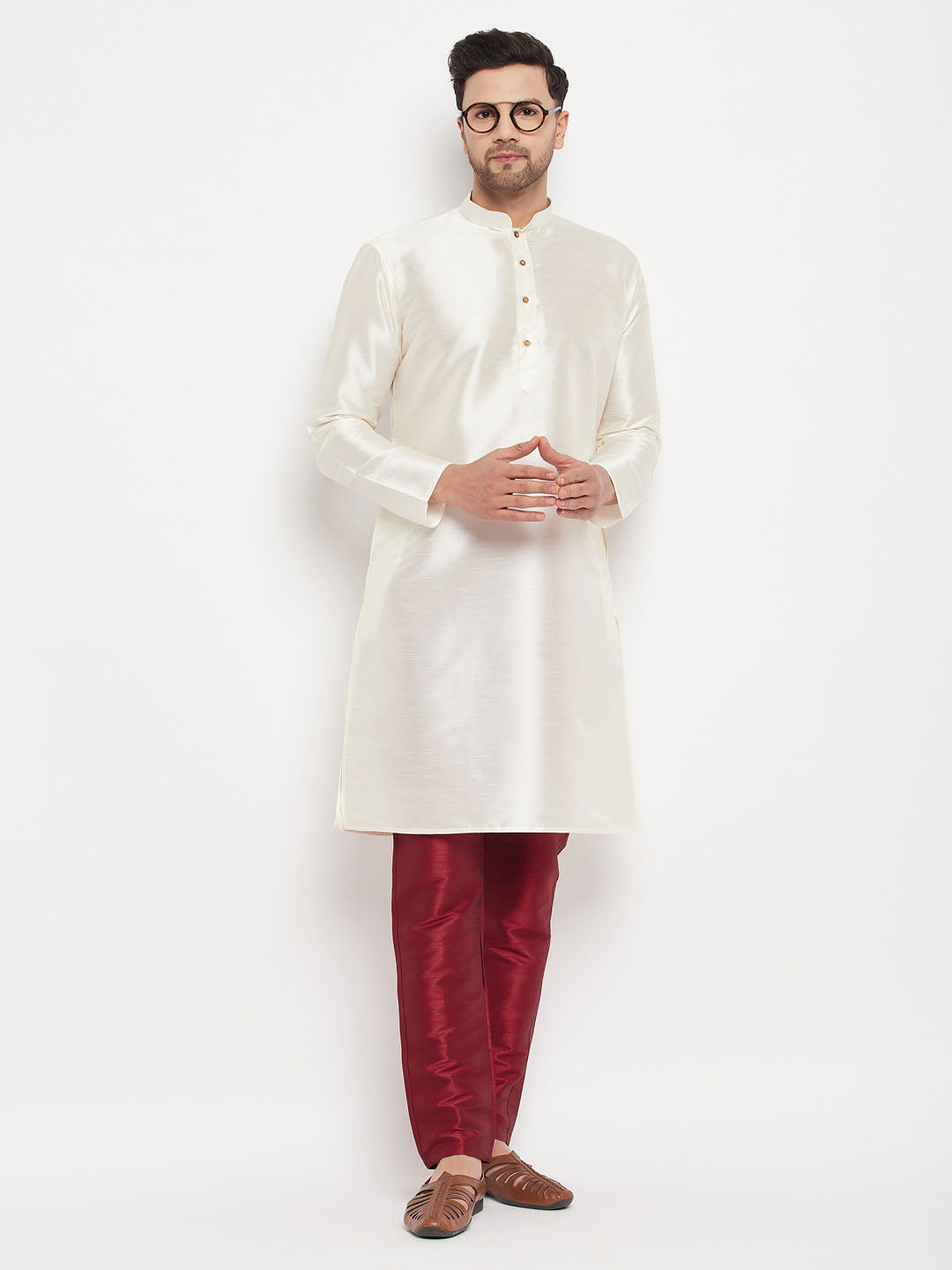 Vastramay mens white cotton silk blend kurta and maroon pant style pyjama set