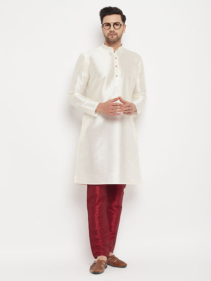 Vastramay mens white cotton silk blend kurta and maroon pant style pyjama set