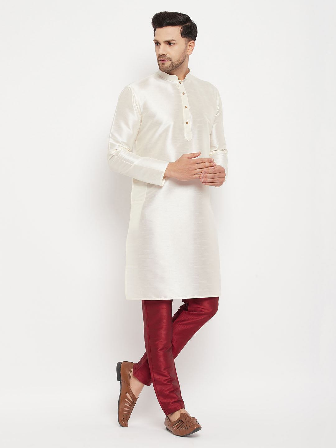 Vastramay mens white cotton silk blend kurta and maroon pant style pyjama set