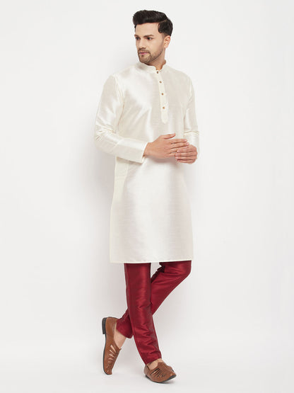 Vastramay mens white cotton silk blend kurta and maroon pant style pyjama set