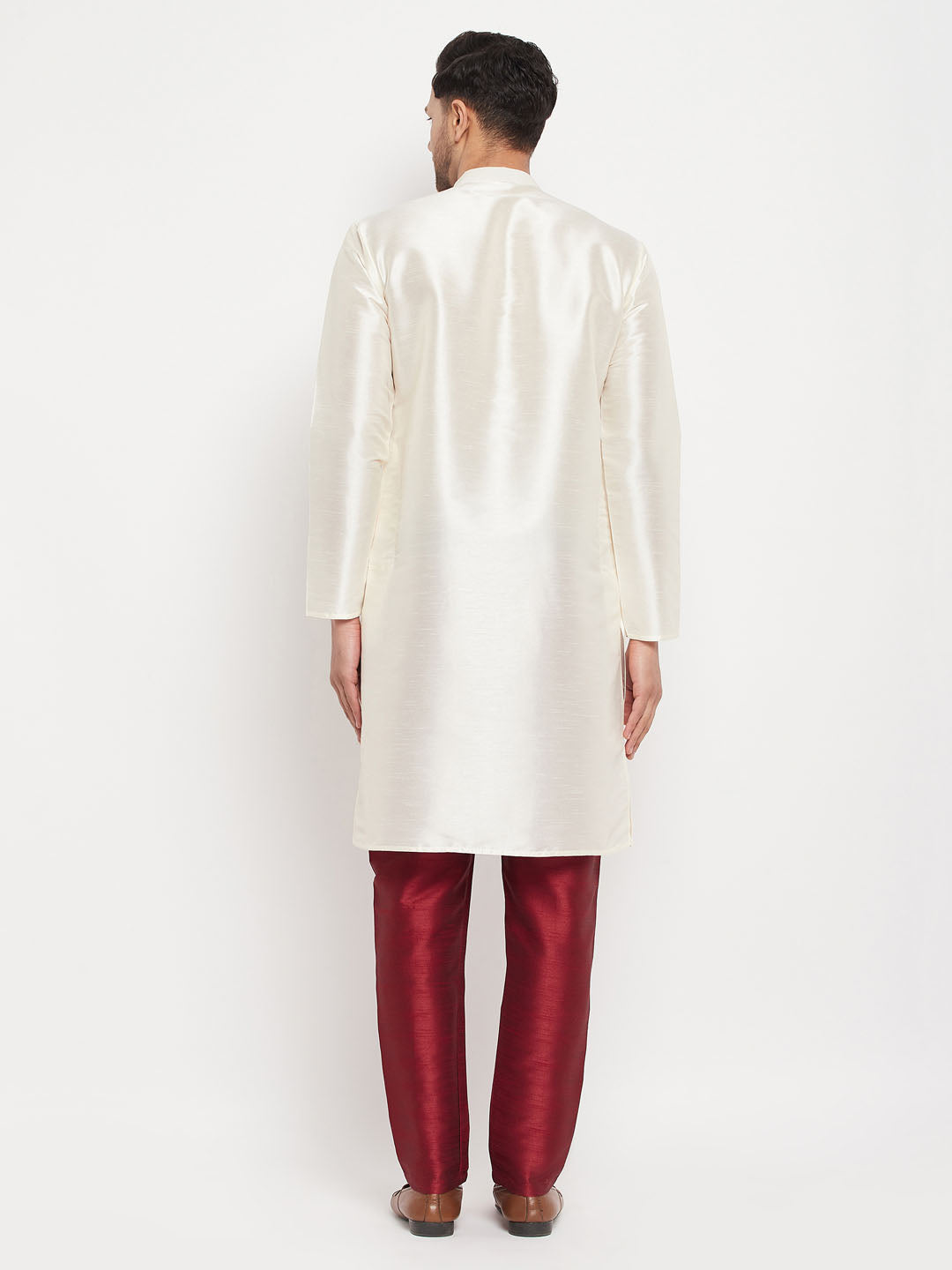 Vastramay mens white cotton silk blend kurta and maroon pant style pyjama set