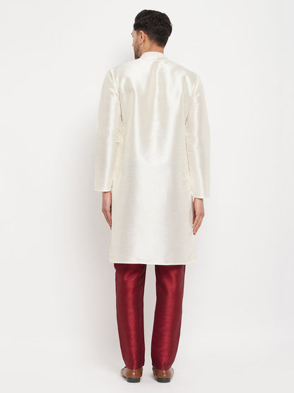 Vastramay mens white cotton silk blend kurta and maroon pant style pyjama set