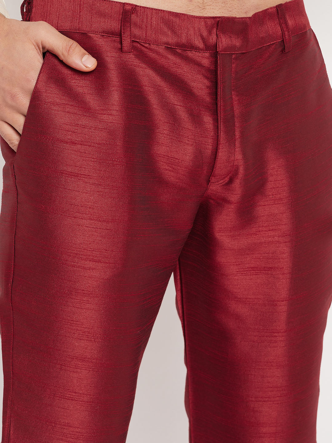 Vastramay mens white cotton silk blend kurta and maroon pant style pyjama set