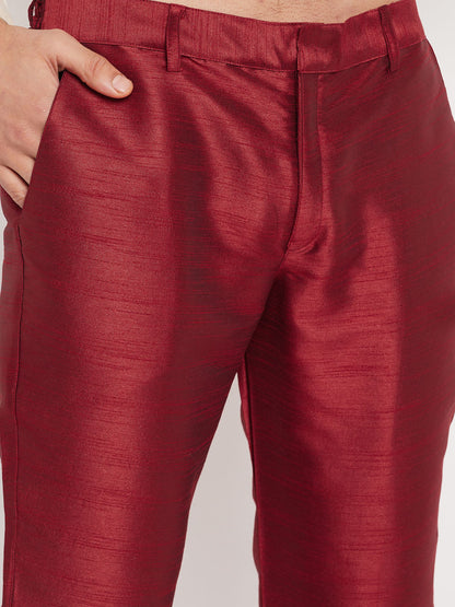Vastramay mens white cotton silk blend kurta and maroon pant style pyjama set