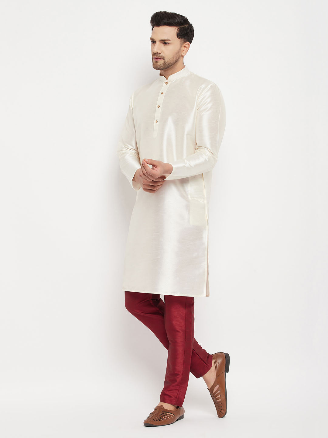 Vastramay mens white cotton silk blend kurta and maroon pant style pyjama set