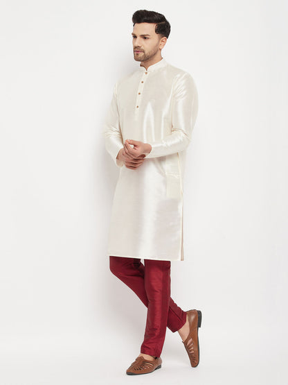 Vastramay mens white cotton silk blend kurta and maroon pant style pyjama set