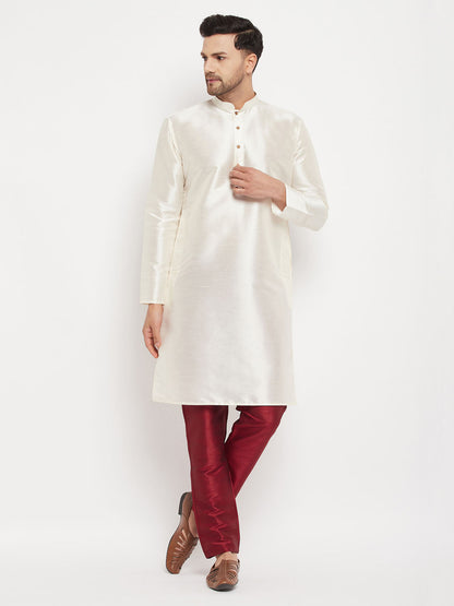 Vastramay mens white cotton silk blend kurta and maroon pant style pyjama set