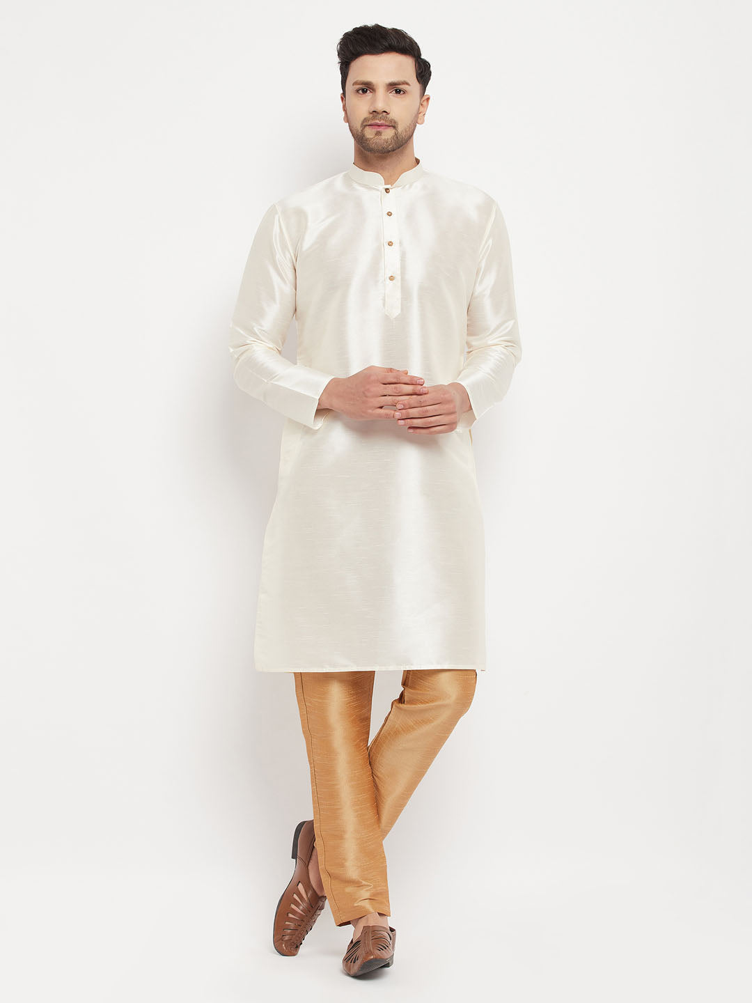 Vastramay mens white cotton silk blend kurta and rose gold pant style pyjama set