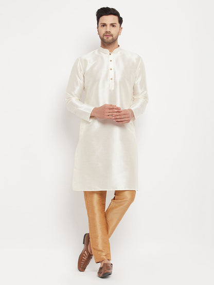 Vastramay mens white cotton silk blend kurta and rose gold pant style pyjama set