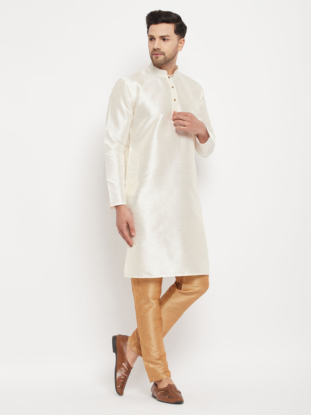 Vastramay mens white cotton silk blend kurta and rose gold pant style pyjama set