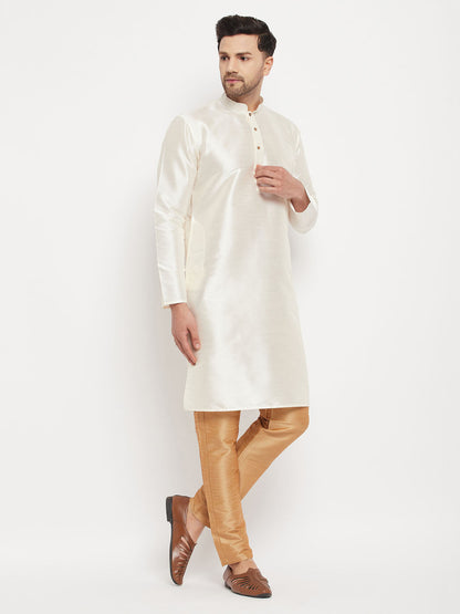 Vastramay mens white cotton silk blend kurta and rose gold pant style pyjama set