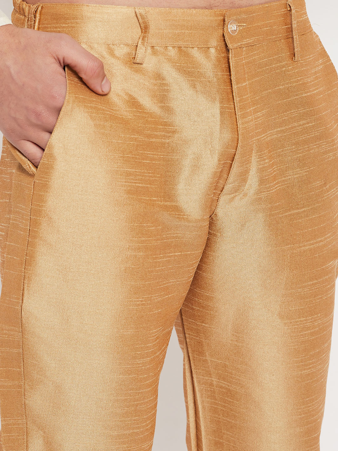 Vastramay mens white cotton silk blend kurta and rose gold pant style pyjama set