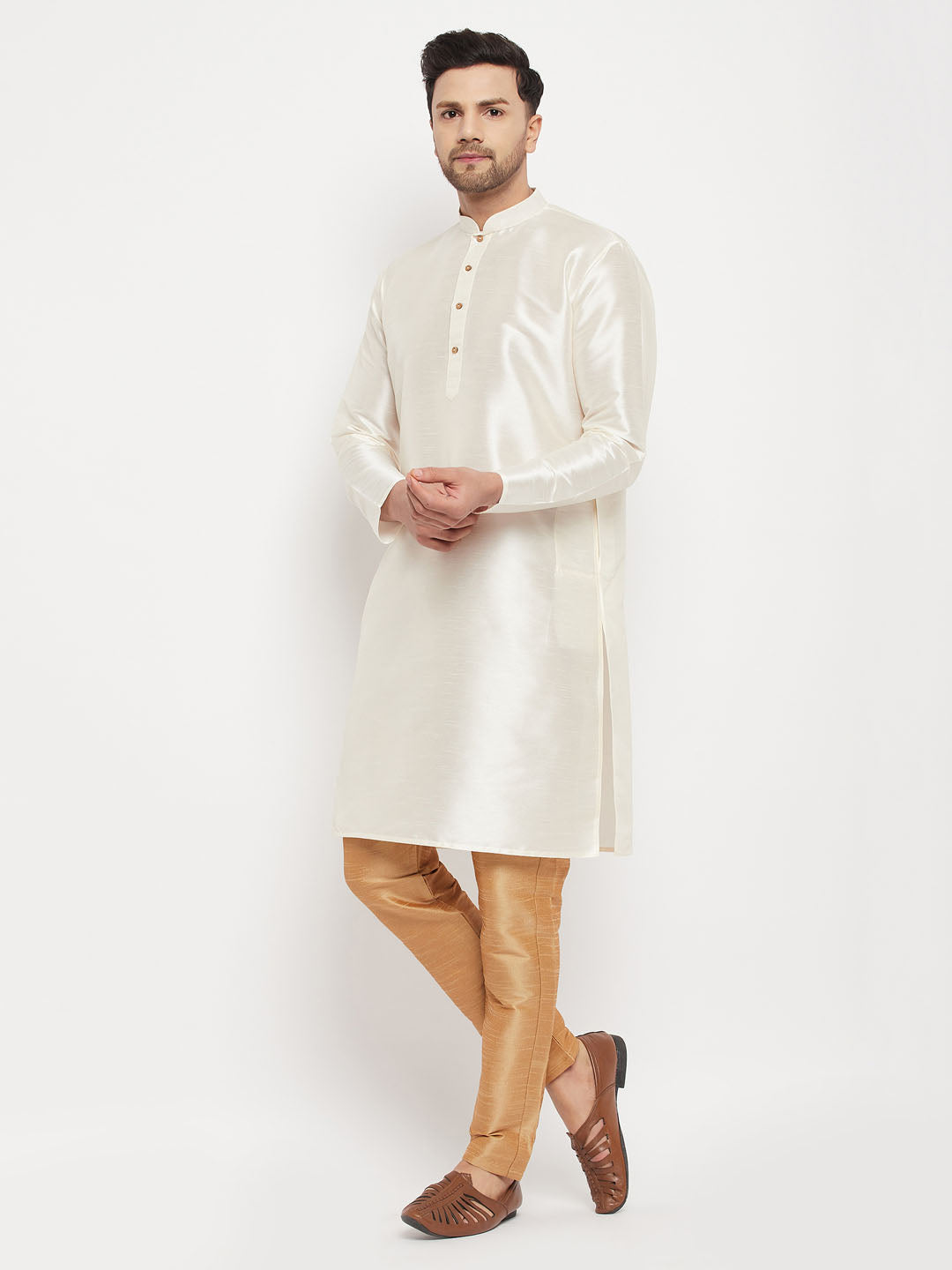Vastramay mens white cotton silk blend kurta and rose gold pant style pyjama set
