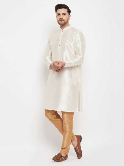 Vastramay mens white cotton silk blend kurta and rose gold pant style pyjama set