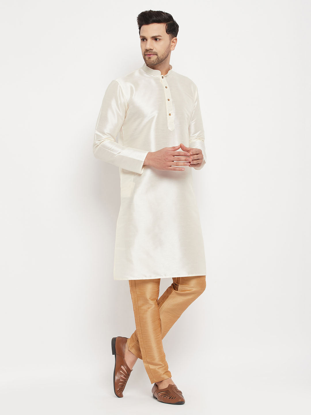 Vastramay mens white cotton silk blend kurta and rose gold pant style pyjama set