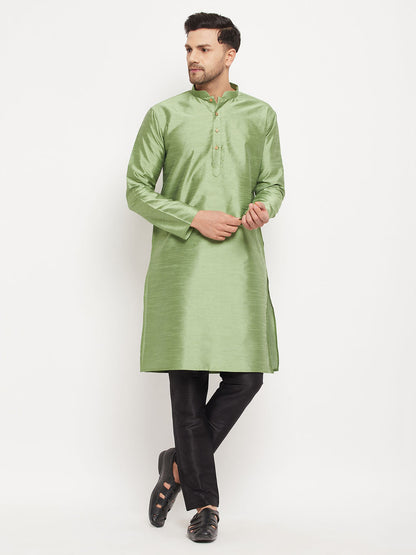 mens light green cotton silk blend kurta and black pant style pyjama set