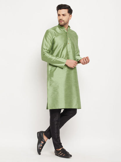 mens light green cotton silk blend kurta and black pant style pyjama set
