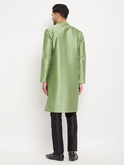 mens light green cotton silk blend kurta and black pant style pyjama set