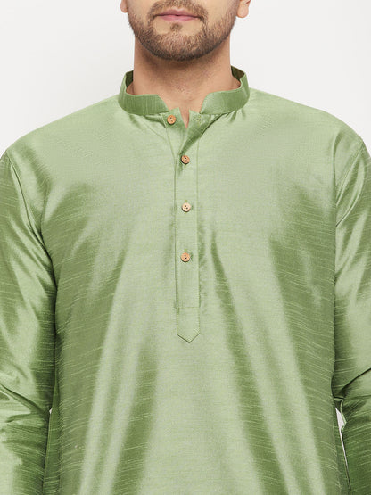 mens light green cotton silk blend kurta and black pant style pyjama set