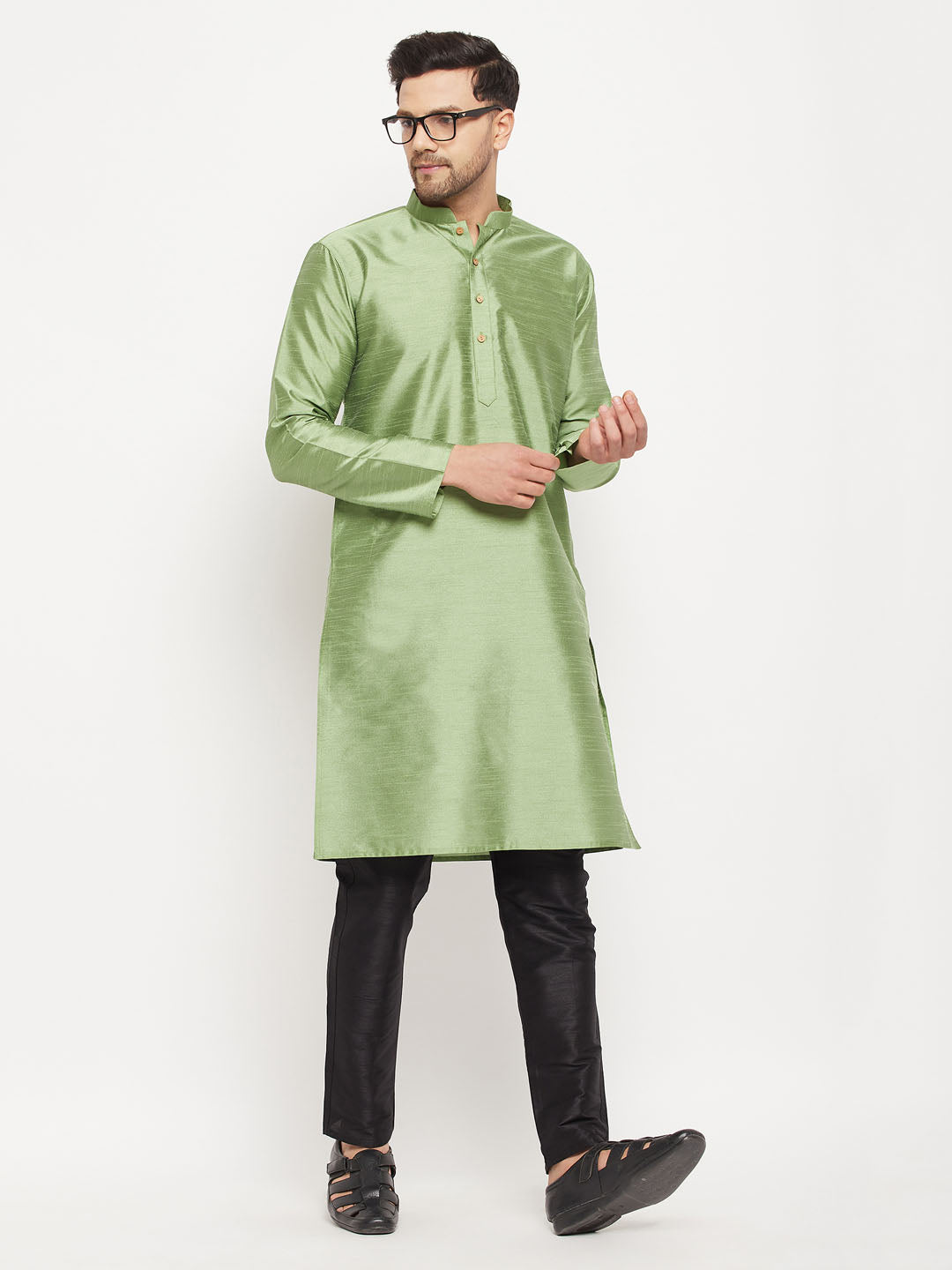 mens light green cotton silk blend kurta and black pant style pyjama set