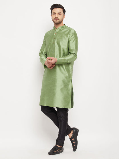 mens light green cotton silk blend kurta and black pant style pyjama set