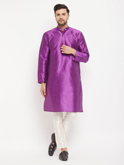 mens purple cotton silk blend kurta and cream pant style pyjama set