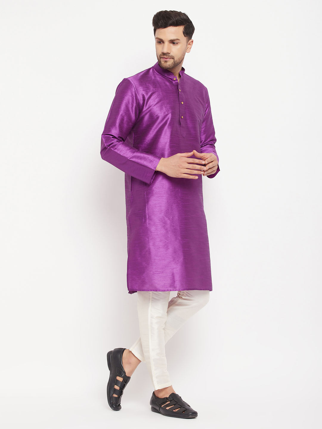 mens purple cotton silk blend kurta and cream pant style pyjama set