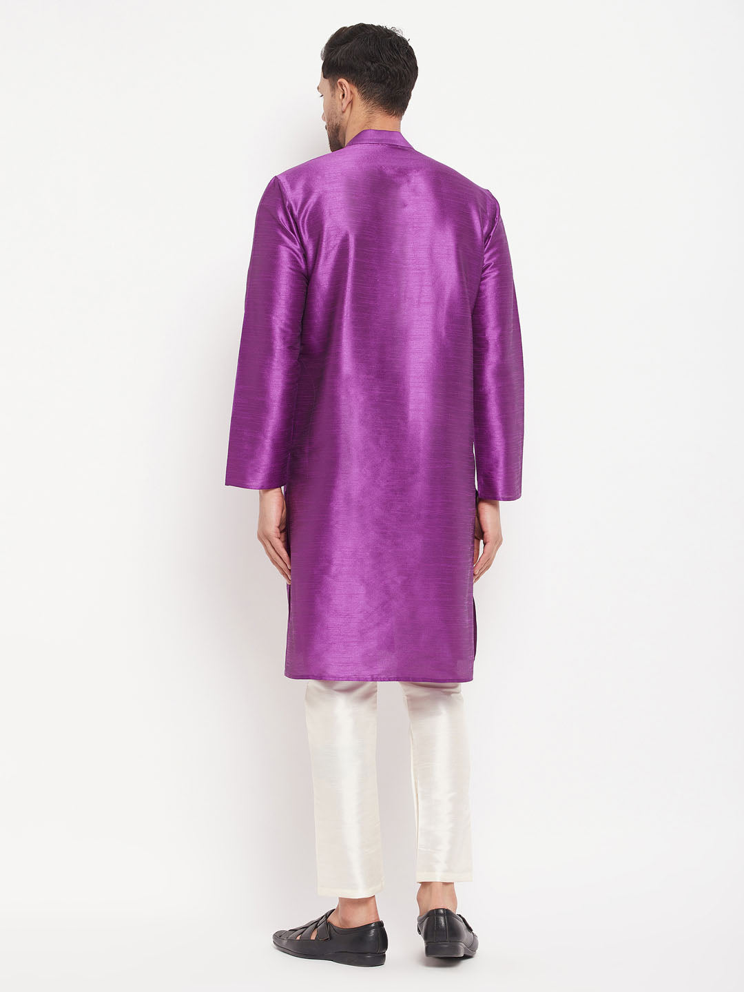 mens purple cotton silk blend kurta and cream pant style pyjama set