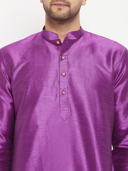 mens purple cotton silk blend kurta and cream pant style pyjama set