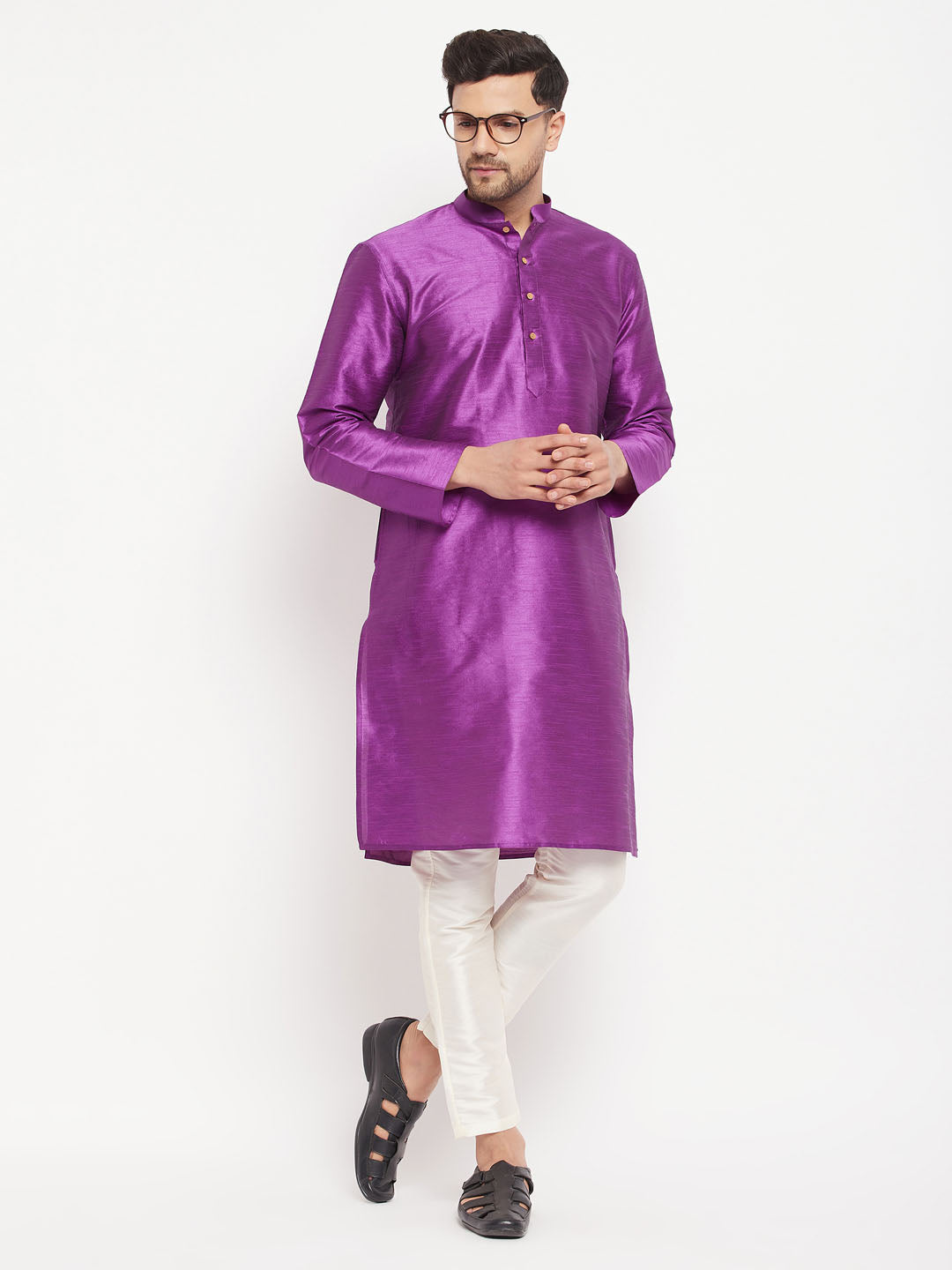 mens purple cotton silk blend kurta and cream pant style pyjama set