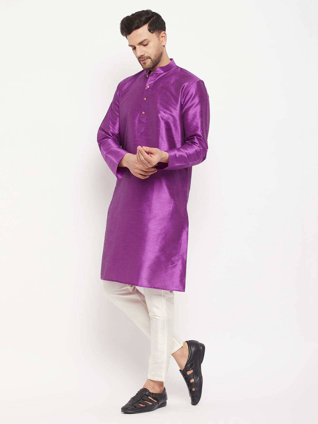 mens purple cotton silk blend kurta and cream pant style pyjama set