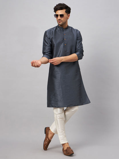 VASTRAMAY Men's Grey Cotton Silk Blend Kurta and Cream Pant Set