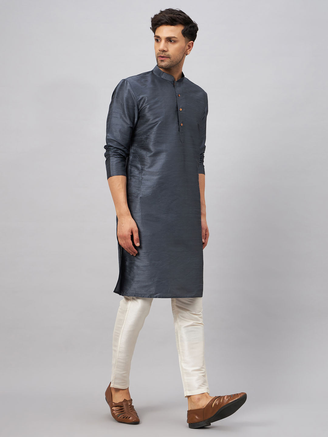 VASTRAMAY Men's Grey Cotton Silk Blend Kurta and Cream Pant Set