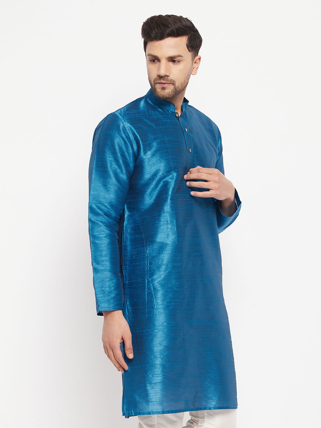 Vastramay Men's Dark Green Cotton Silk Blend Kurta