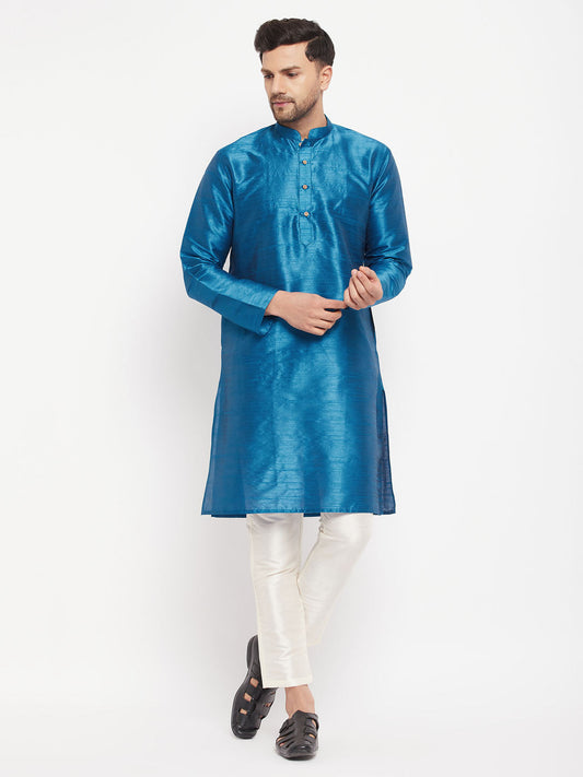 Vastramay mens turquoise blue cotton silk blend kurta and pant style pyjama set