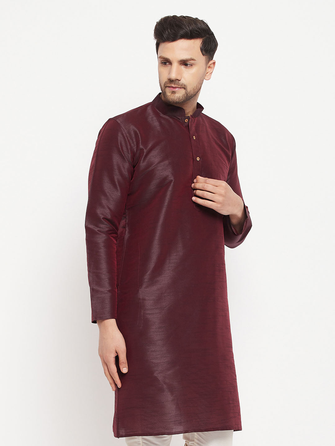 Vastramay Men's Burgundy Silk Blend Kurta