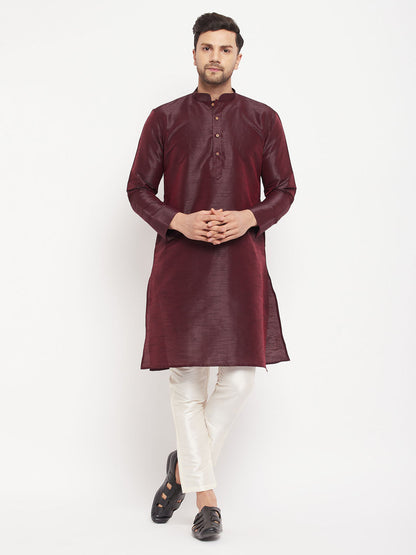 Vastramay mens burgundy silk blend kurta and cream pant style pyjama set