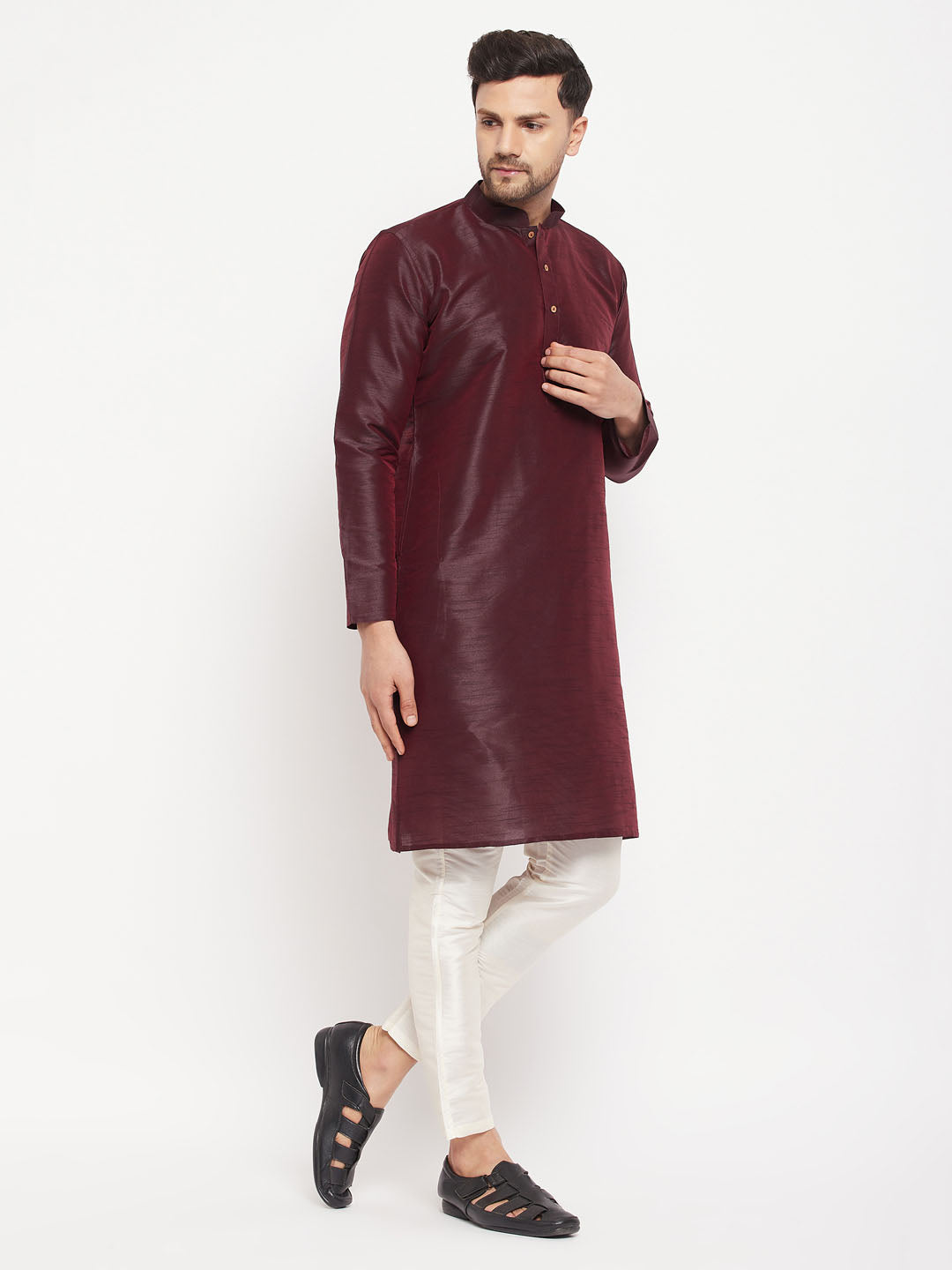 Vastramay mens burgundy silk blend kurta and cream pant style pyjama set