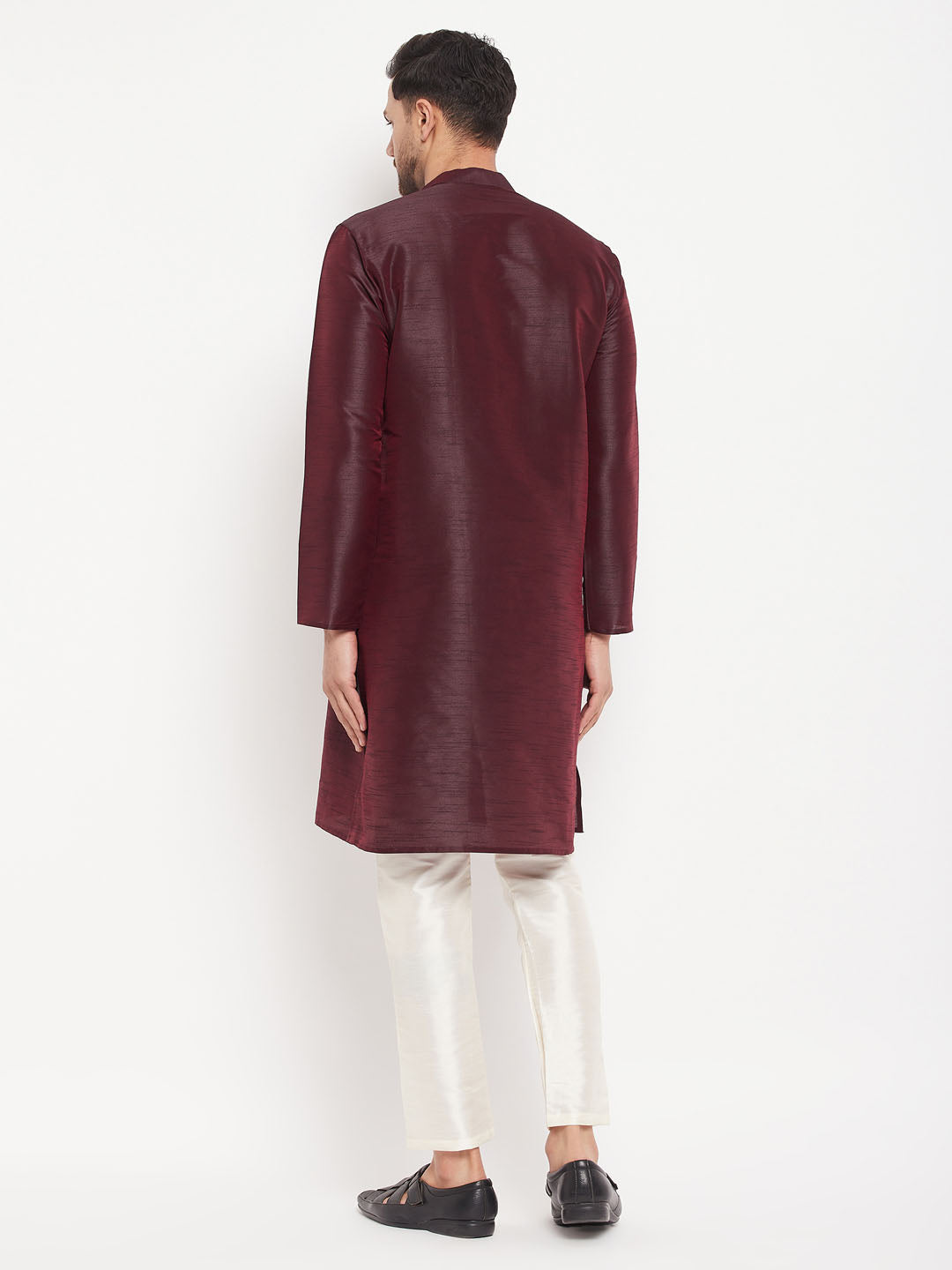 Vastramay mens burgundy silk blend kurta and cream pant style pyjama set