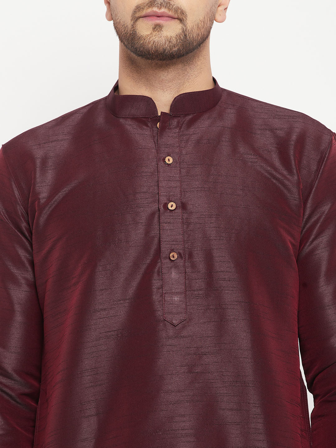 Vastramay mens burgundy silk blend kurta and cream pant style pyjama set