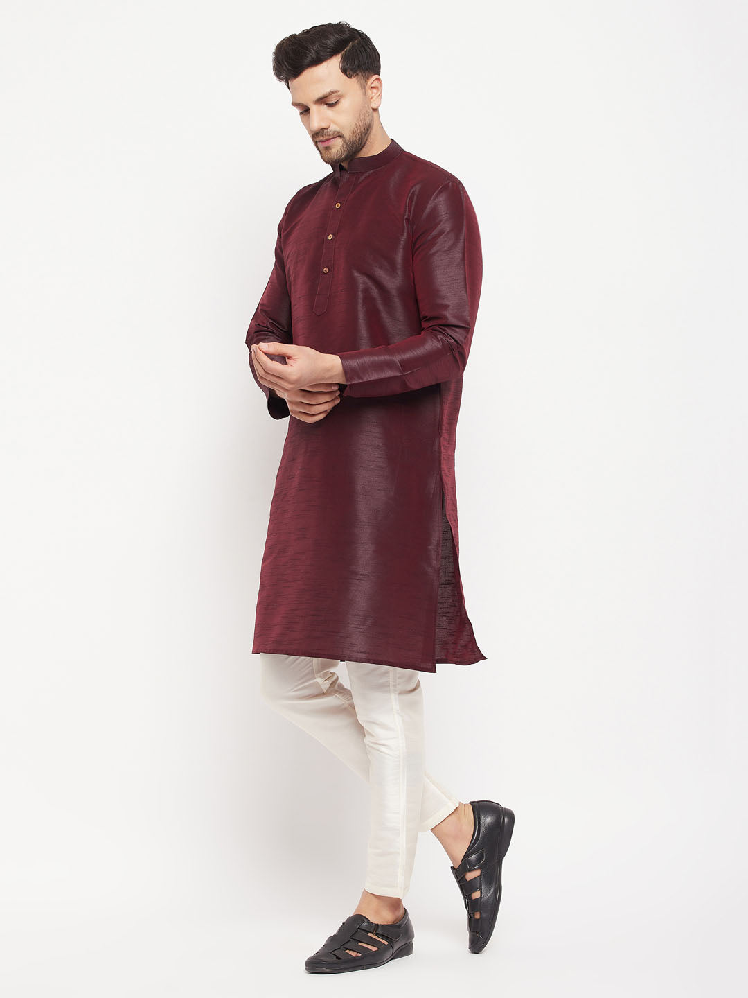 Vastramay mens burgundy silk blend kurta and cream pant style pyjama set