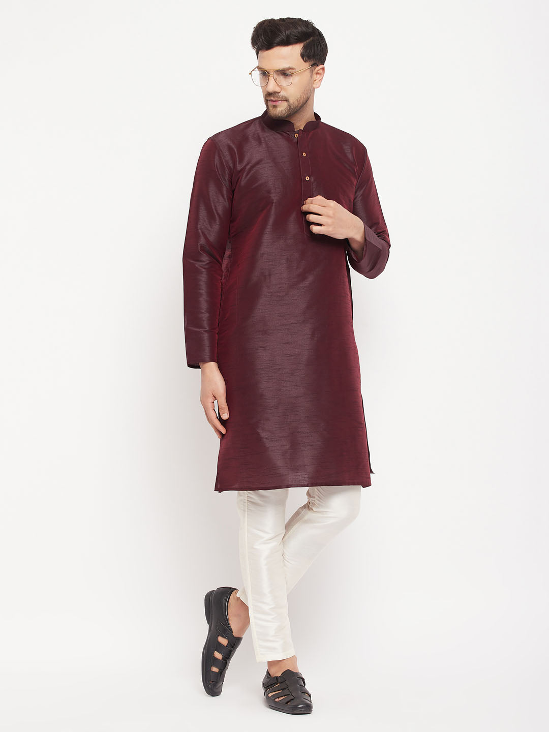 Vastramay mens burgundy silk blend kurta and cream pant style pyjama set